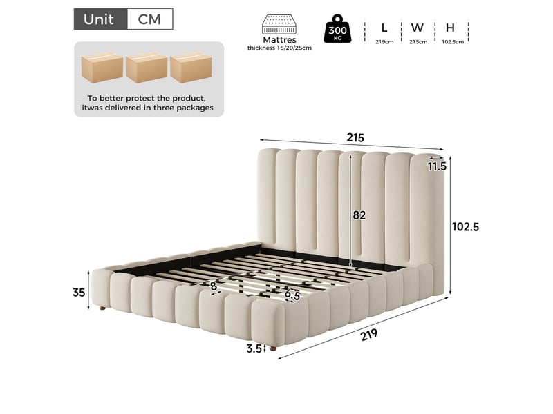  Lit double rembourré 200x200 cm en velours avec tête de lit, sommier à lattes et pieds en bois massif - beige Morn Vibe - Conforama C