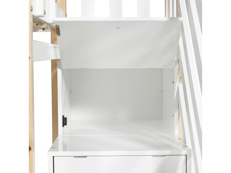 Lits superposés enfant avec lit gigongne, lit cabane 90x200 cm, tiroirs, sommiers, bois+mdf, blanc+naturel - Conforama R