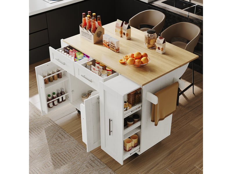 Desserte cuisine, îlot central sur roulettes avec plan de travail, plateau extensible, dimensions 110 x 46 x 90,5 cm, mdf, blanc - Conforama D