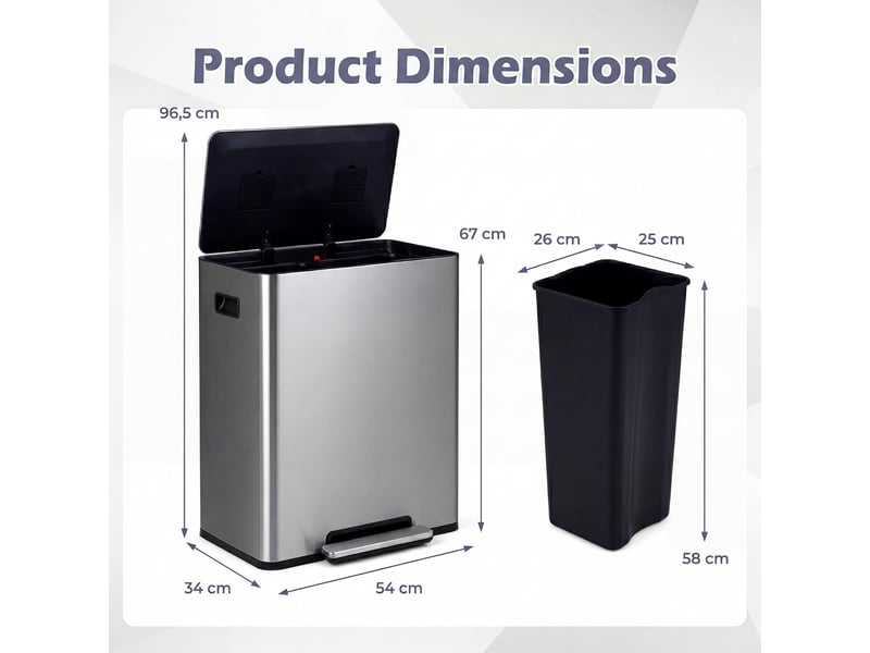  Poubelle cuisine tri sélectif 60l, poubelle recyclage à pédales en acier inoxydable avec double compartiments, couvercle verrouillable (argenté)  - Conforama C