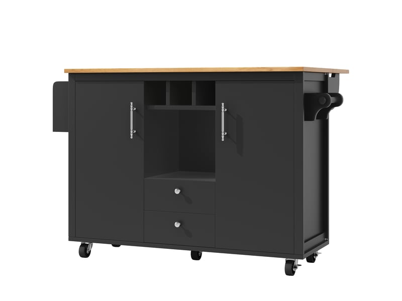  Îlot de cuisine noir et blanc avec plateau pliant, rangement pour vin et épices, 137x73x92 cm  - Conforama R