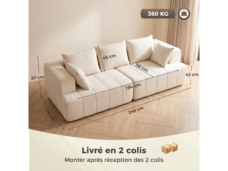  Canapé 3 places en chenille 248 cm, canapé salon moderne, large assise rembourrée, beige, coussins à ressorts  - Conforama C