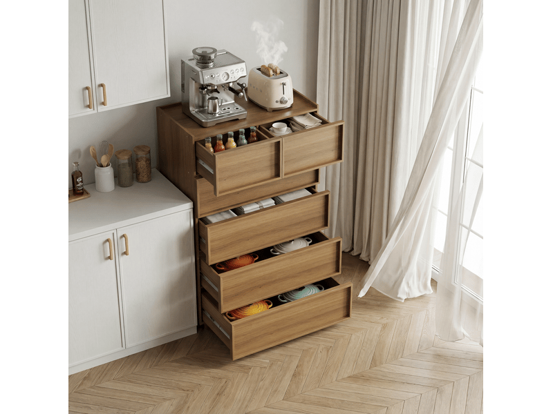  Commode 80x48x127 cm, 6 tiroirs, grand rangement, buffet, sans poignées, meuble cuisine, mdf, aggloméré, couleur chêne  - Conforama B
