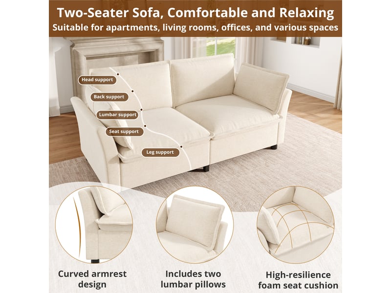 Canapé 2 places, beige en tissu chenille doux, canapé compact avec accoudoirs et coussins amovibles pour salon et petits espaces, 155cm - Conforama D