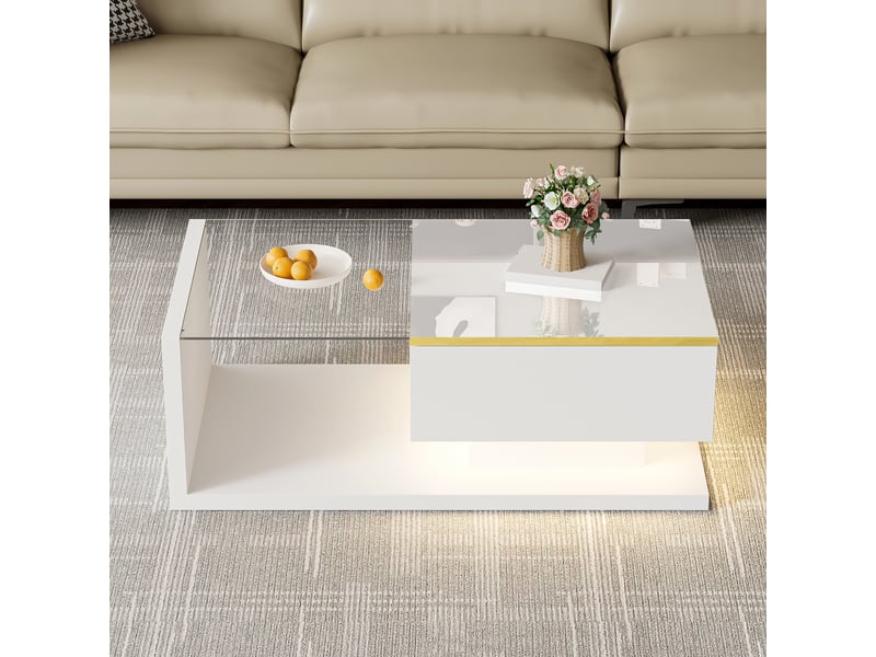  Table basse blanche brillante 90 cm, plateau en verre, effet led, design moderne  - Conforama B