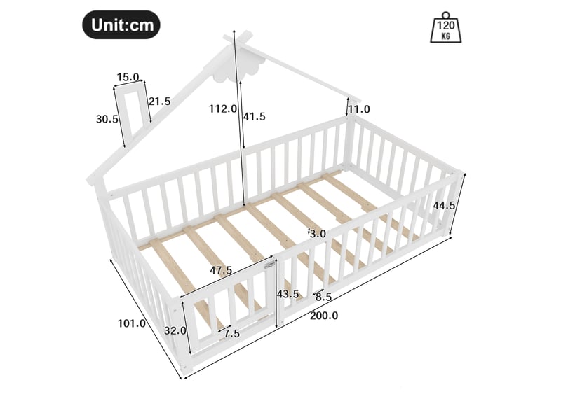Lit enfant maison 90x190 cm, rêve design, protection, serrure, barrière 32 cm, bois bois + mdf, blanc sans matelas - Conforama C