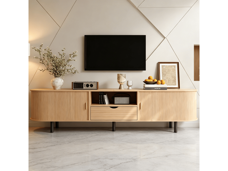  Meuble tv 175 cm naturel, porte coulissante à lamelles, tiroir et niches ouvertes Fay Lum - Conforama B