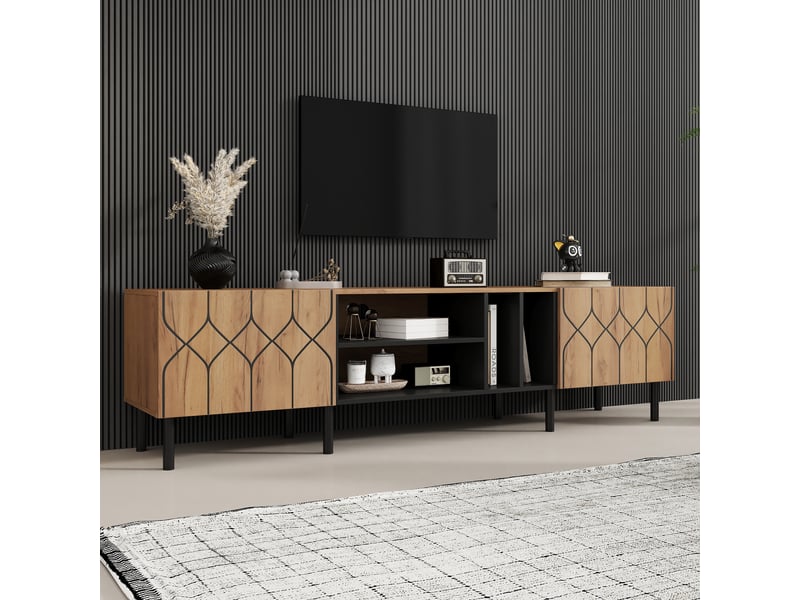  Meuble tv 180 cm pour téléviseur jusqu'à 70 pouces, meuble tv bois naturel et noir avec rangement fermé et quatre niches ouvertes  - Conforama E