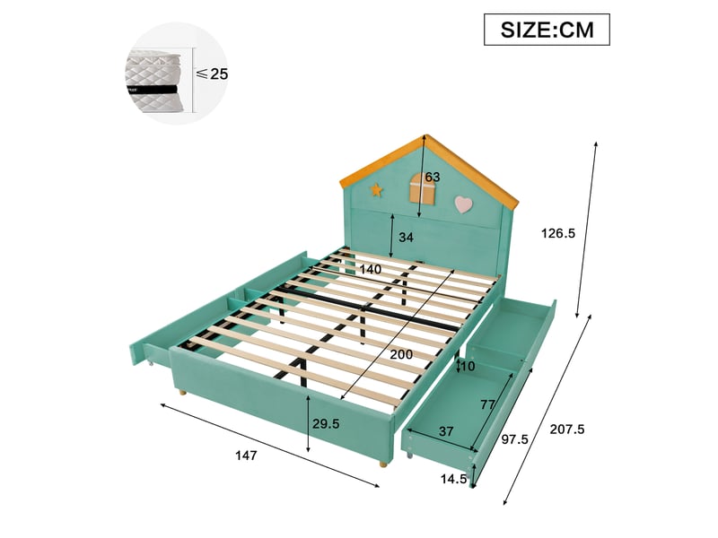 Lit enfant maison 140 x 200 cm bleu-vert avec 4 tiroirs, tête de lit maison et revêtement en velours français - Conforama E