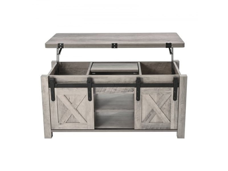  Table basse à plateau relevable rectangulaire, 1000 x 500 x 485 mm, table de salon avec porte de grange et compartiment de rangement dissimulé pour bureau, maison, couleur du chêne rustique  - Conforama A