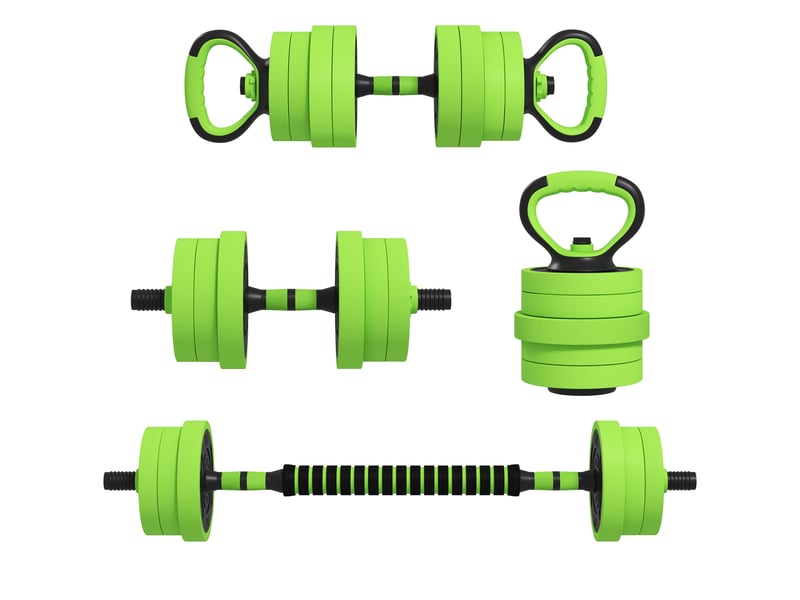  Kit de musculation 4 en 1 de 20 kg, convertible en kettlebell, comprenant 2 haltères, une barre et un support pour pompes, vert.  - Conforama A