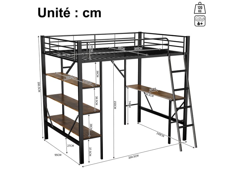  Lit mezzanine en métal, lit simple avec bureau, 3 étagères, garde-corps et échelle, 90x200 cm, sans matelas, noir  - Conforama D