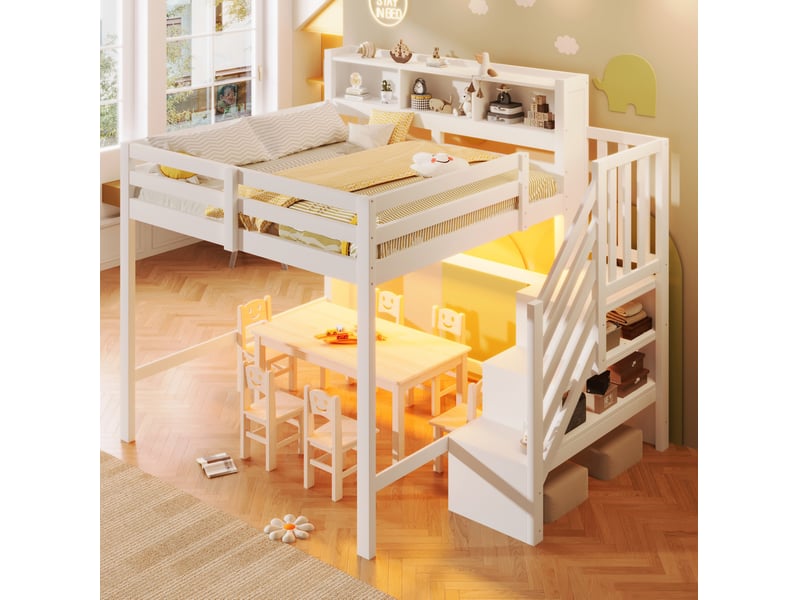  Lit mezzanine modenvie 140 x 200 cm avec led escalier de rangement étagères ouvertes bois mdf contreplaqué blanc sans matelas  - Conforama D