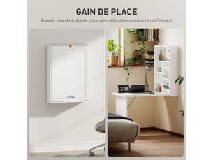 Bureau pliable mural, table murale pliante avec étagères pour salon, salle à manger, bureau, blanc, 93,8 x 60 x 147 cm