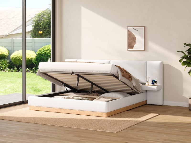 Lit coffre 140 x 200cm, avec étagère sur la tête de lit, port usb, blanc et coloris naturel - Conforama B