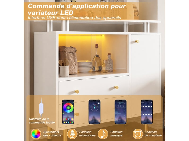 Buffet blanc avec éclairage led, 2 portes coulissantes en verre, 2 tiroirs et 1 porte, 80 × 35 × 80 cm  - Conforama E
