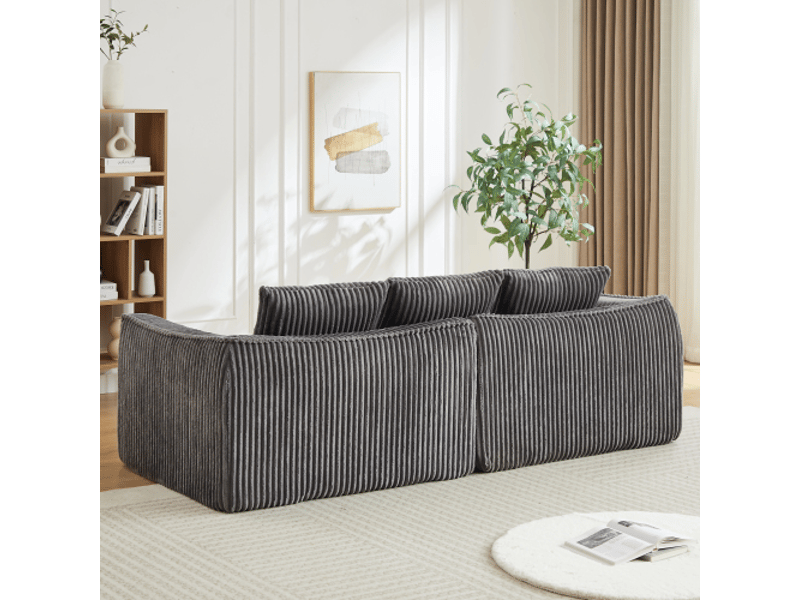 Canapé 235 cm velours côtelé minimaliste beige, design courbé, dossier incliné avec 2 coussins inclus  - Conforama E