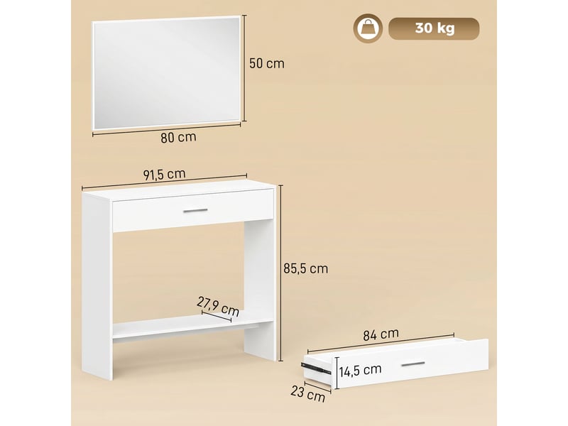  Console d'entrée avec miroir, tiroir et étagère, meuble d'entrée, 91,5 x 27,9 x 85,5 cm, blanche  - Conforama E
