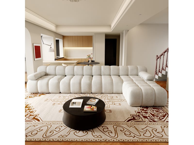 Canapé d'angle panoramique fixe 5 places en tissu blanc 400 cm, confort en mousse pour votre salon accueillant  - Conforama E