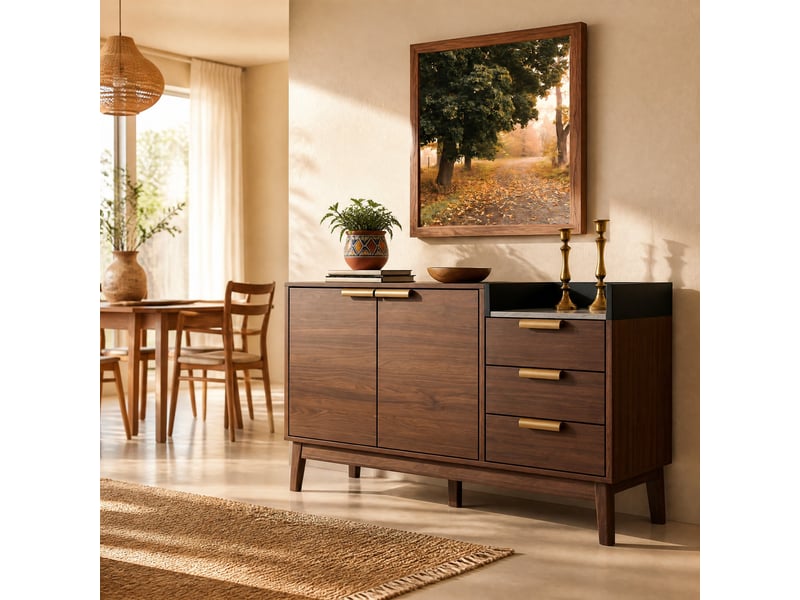 Buffet bas chêne foncé avec plateau effet marbre, 3 tiroirs, 2 portes et rangement ouvert, 120 x 40 x 77 cm - Conforama C