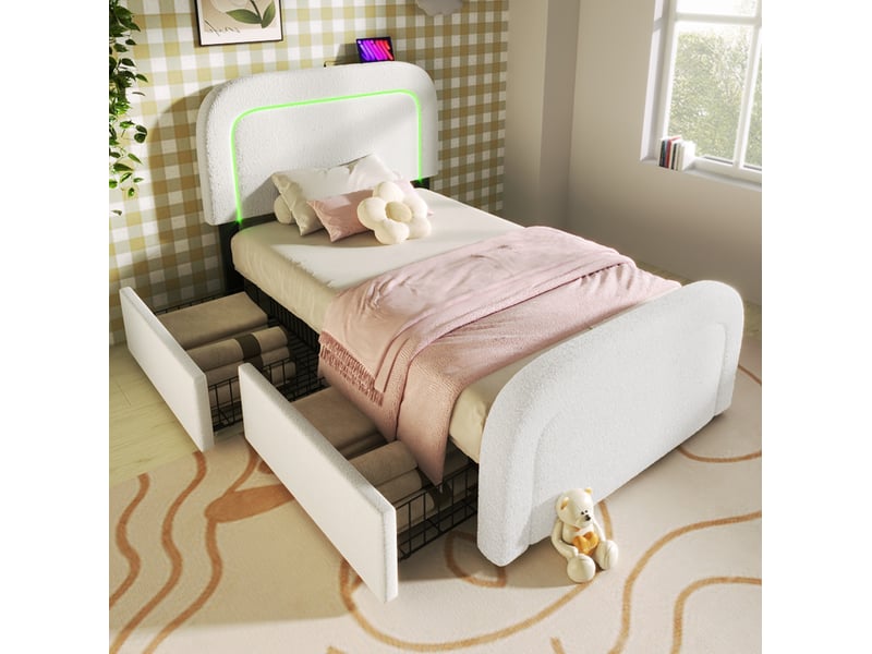  Lit simple 90x200 cm avec led, usbusb-c et 2 tiroirs en tissu sherpa blanc  - Conforama D