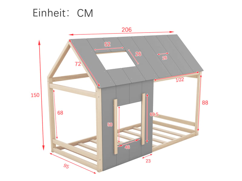  Modenvie lit enfant cabane 90x200 cm - avec toit et fenetre, structure en pin - pour chambre d enfant - naturel  - Conforama C