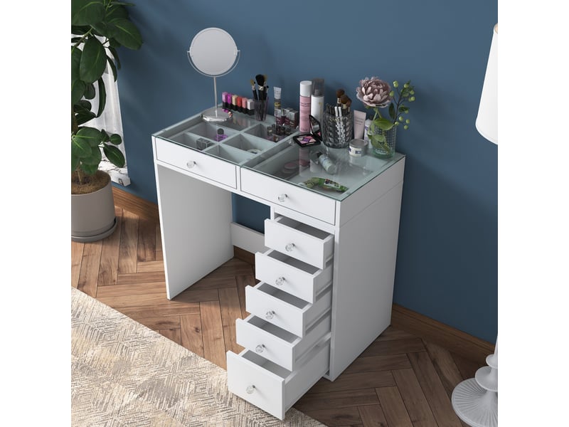  Coiffeuse 7 tiroirs blanc avec plateau en verre  - Conforama B