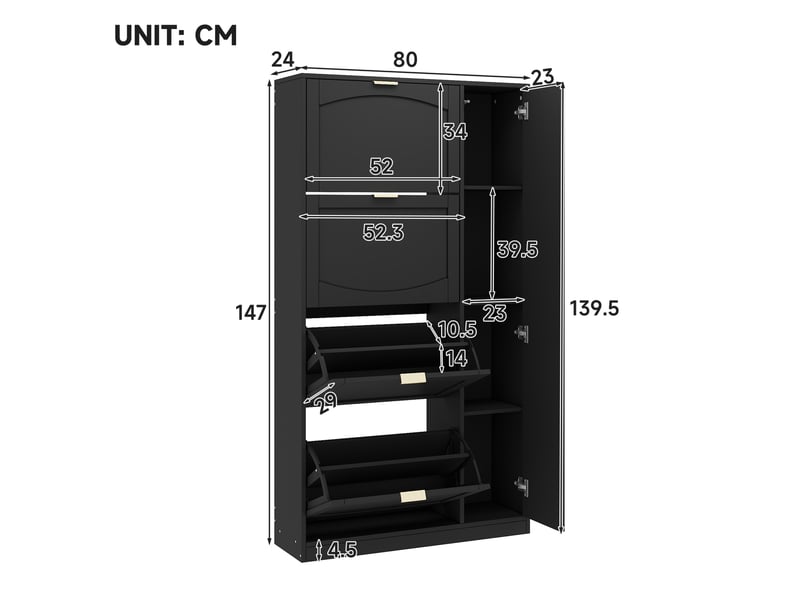  Meuble à chaussures 80x24x147 cm avec miroir et 4 compartiments rabattables noir  - Conforama E