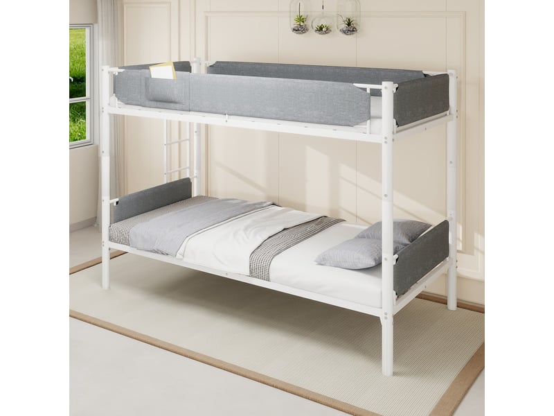  Lit superposé blanc 90x190 cm en métal et lin, convertible en deux lits séparés avec garde-corps amovibles  - Conforama E