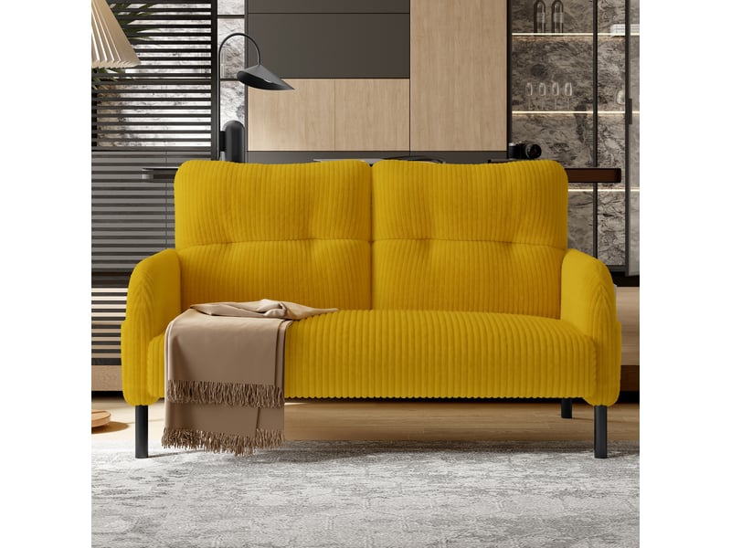  Canapé droit 2 places 120x75 cm avec poches latérales, velours côtelé jaune moutarde Morn Vibe - Conforama C