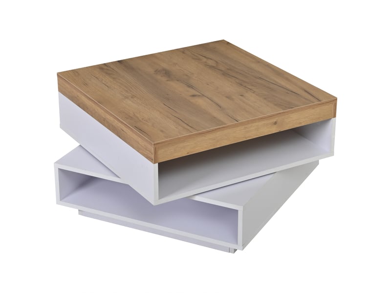  Table basse carrée avec plateau pivotant à 360 degrés, table de salon blanc et bois avec éclairage led et rangements, 65x65x40cm  - Conforama D