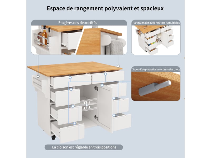 Îlot de cuisine mobile 122 x 46-74.5 x 91.5 cm avec plateau rabattable, 8 tiroirs, étagère réglable et roulettes, blanc - Conforama D