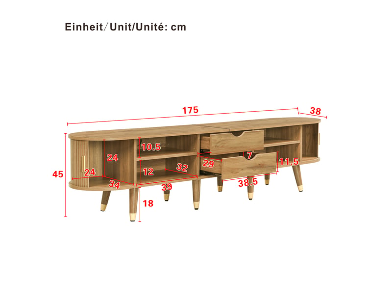 Meuble tv 175 cm à portes coulissantes en mdf, finition bois clair - Conforama E