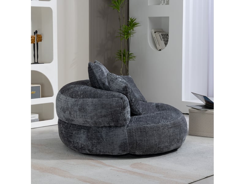  Fauteuil poire modenvie en chenille gris avec dossier haut, accoudoirs et trois coussins 108 x 108 x 52 cm  - Conforama D