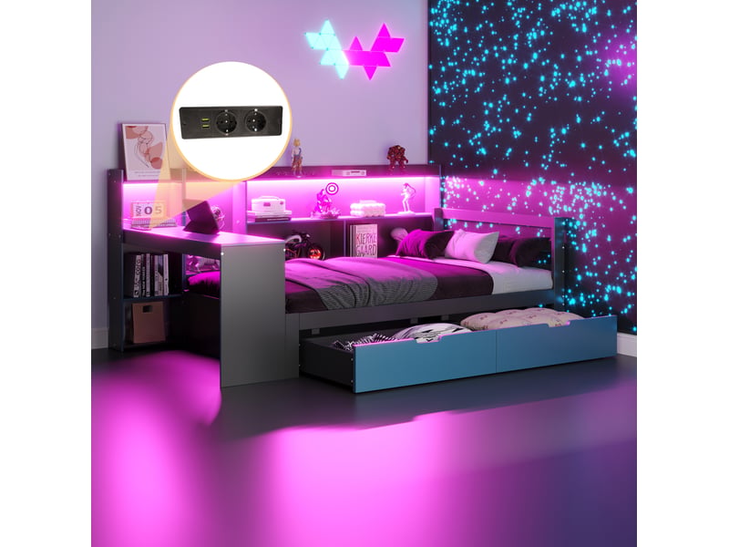 Lit enfant multifonction 90x200 cm avec bureau, rangement, led, 2 tiroirs, sommier inclus, pin et mdf noir bleu - Conforama D