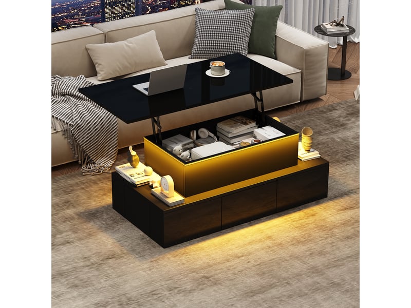  Table basse relevable, 100x50x40 cm, avec 4 tiroirs et led, mdf, noir  - Conforama C