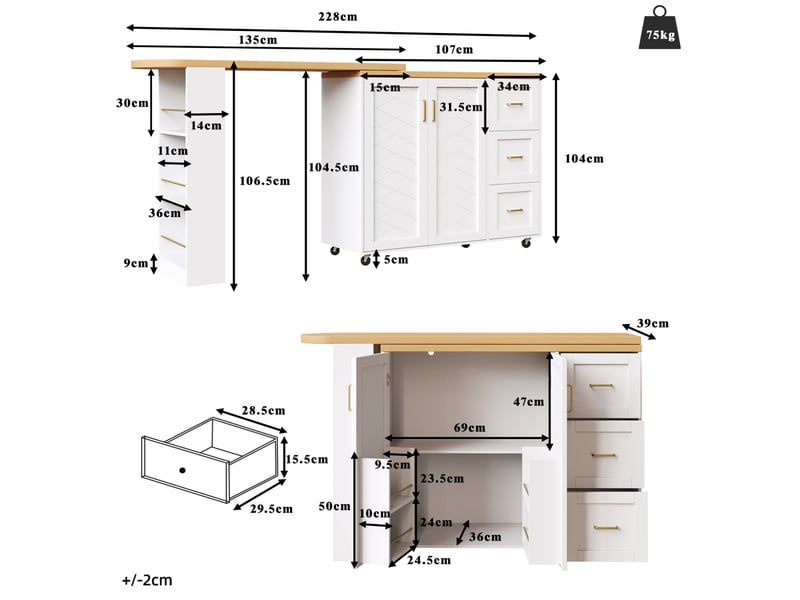  Desserte bar extensible 135x39x104 cm mdf blanche  - Conforama E