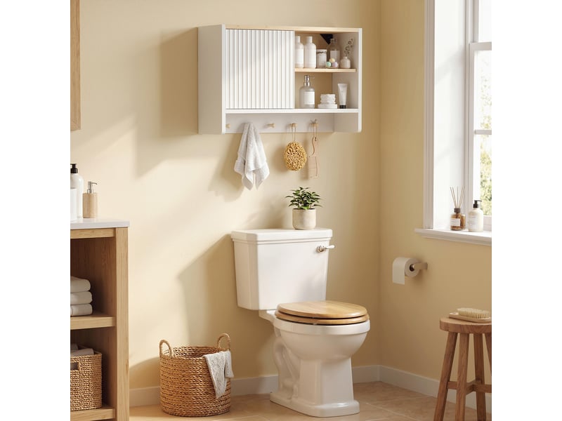  Armoire murale de salle de bain, meuble de rangement de salle de bains avec porte, étagères ouvertes et 5 crochets  - Conforama B