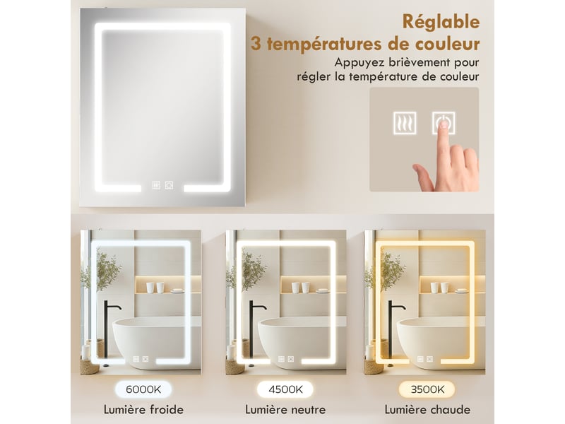 Armoire murale de salle de bain avec miroir led anti-buée blanc 50 x 15 x 60 cm  - Conforama D