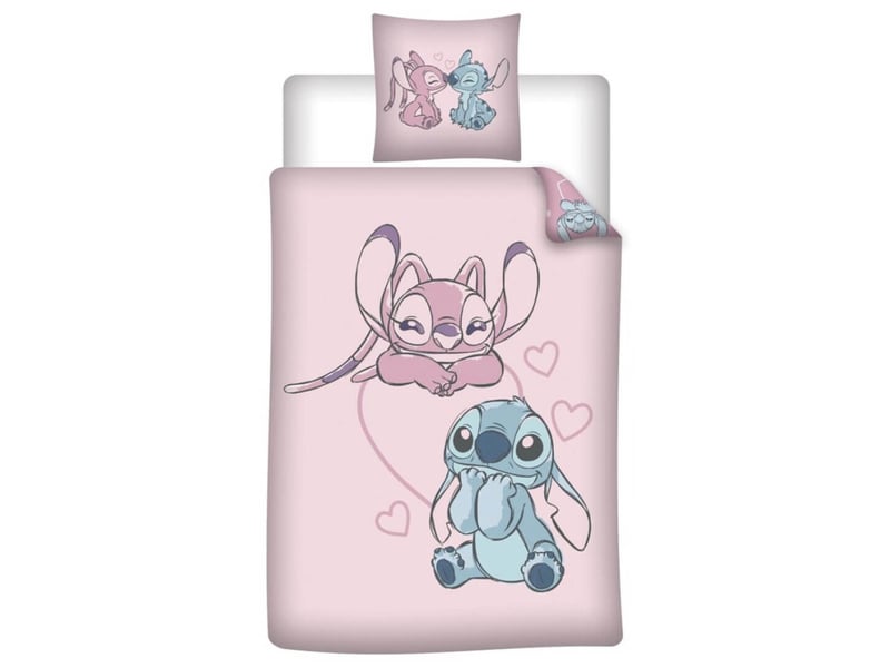  Housse de couette disney stitch &amp; angel – cœurs – réversible – 140x200 cm + 65x65 cm – rose  - Conforama A