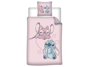 Parure de lit - disney stitch & angel – cœurs – réversible – 140x200 cm + 65x65 cm – rose