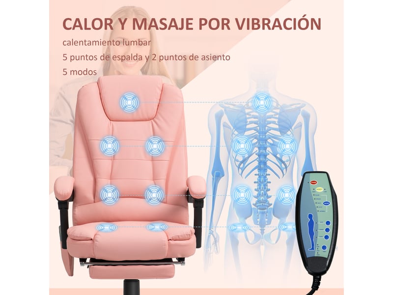  Fauteuil de bureau avec 7 points de massage, repose-pieds rétractable, hauteur réglable, télécommande et revêtement en tissu pu rose  - Conforama E