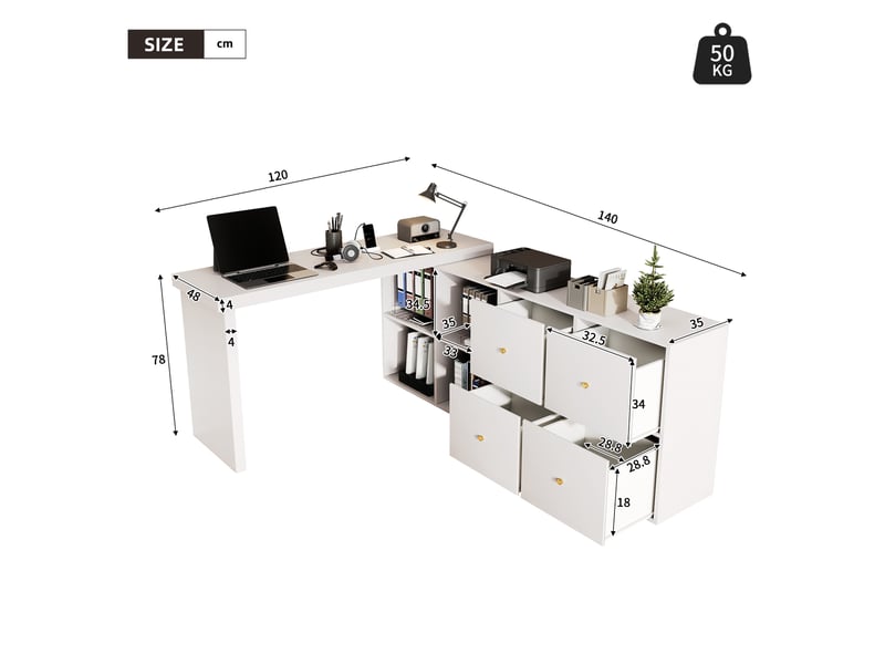  Bureau modulable d’angle 120 × 48 × 78 cm ou 140 × 35 × 74 cm, plateau pivotant, tiroirs et étagères, mdf, blanc, avec rangements ouverts et fermés CARDUME ESTIVAL - Conforama C