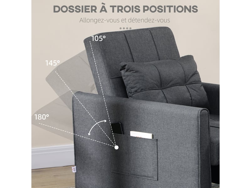  Fauteuil convertible 1 place 3 en 1 dossier réglable en 3 positions oreiller inclus 2 poches latérales gris 69x82x85cm  - Conforama E