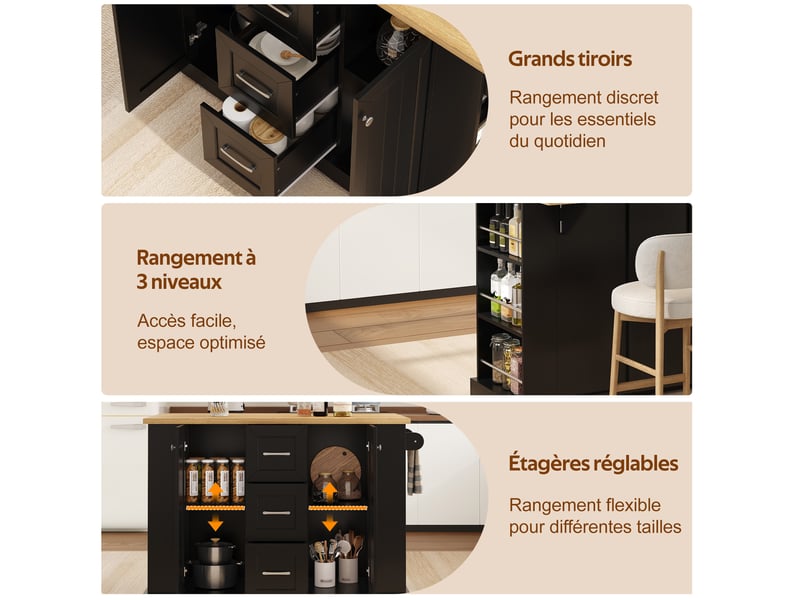  Îlot de cuisine mobile 120x45 (70)x90 cm, plateau rabattable, 3 tiroirs, roulettes verrouillables, mdf, noir  - Conforama E