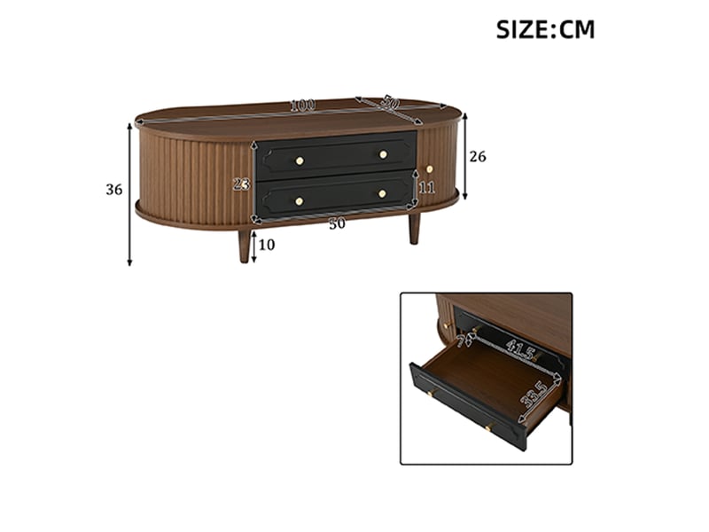  Table basse 100x50x36 cm noyer et noir, 2 tiroirs, portes tambour et poignées métalliques Fay Lum - Conforama C