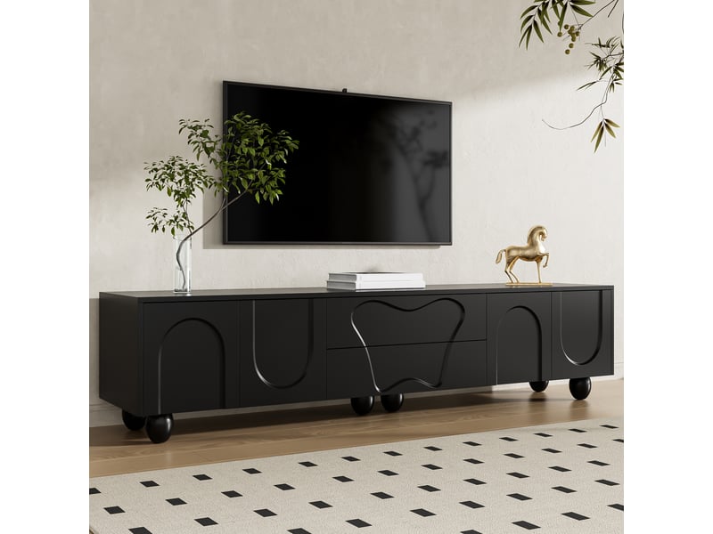  Meuble tv noir 180 cm avec rangements et portes arrondies  - Conforama D