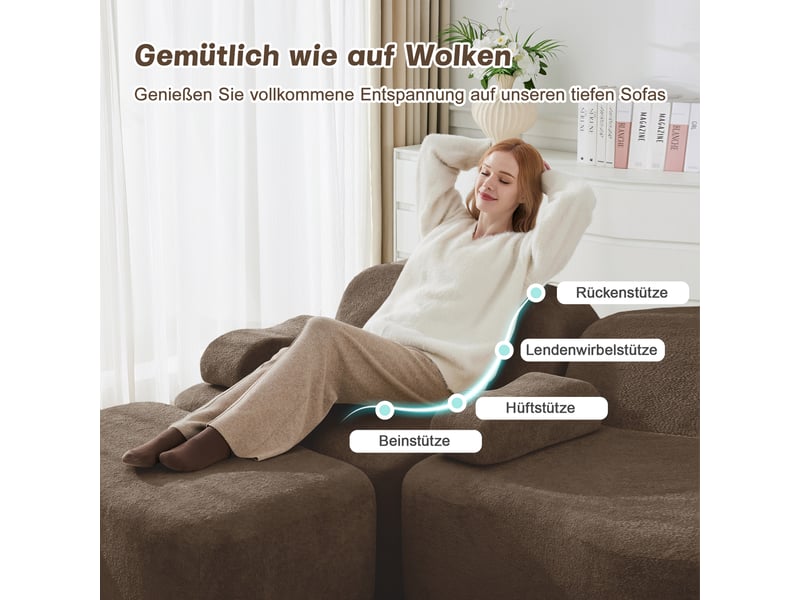 Canapé d'angle, canapé modulable, mousse haute densité, sans cadre, avec accoudoirs, avec pouf, en tissu, marron, 4 places - Conforama E