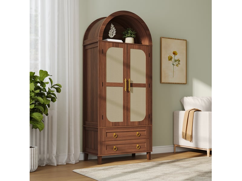  Buffet haut ulevr avec rangement, led pilotée par application, 76 x 40 x 179,5 cm, mdf et panneaux de particules, noyer  - Conforama E
