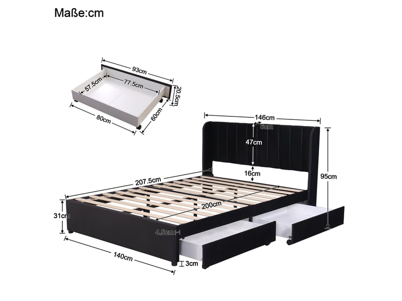  Lit adulte 140x200 en velours avec sommier et 2 tiroirs noir cravdom  - Conforama E